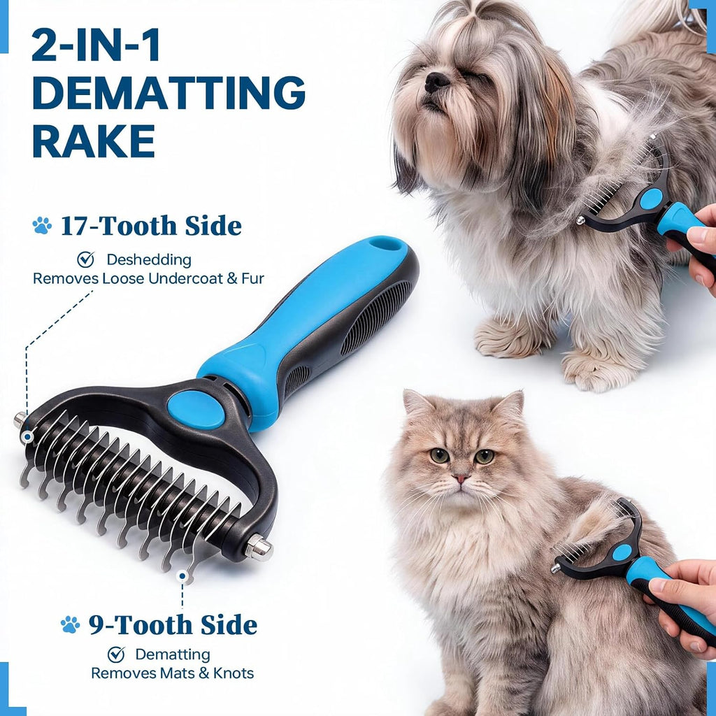 Pet Grooming Comb Set, Double-Sided Dematting Comb & Deshedding Brush with 2-in-1 Metal Comb for Dogs & Cats, Undercoat Rake for Heavy Shedding, Detangling Long Hair & Thick Coats, Blue