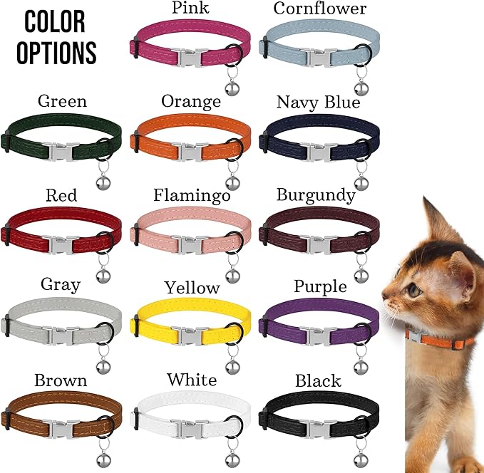 Leather Cat Collar with Buckle and Removable Bell - Non Breakaway Adjustable Soft Safety Small Pet Collars for Girl Boy Cats Kitten (Pink)