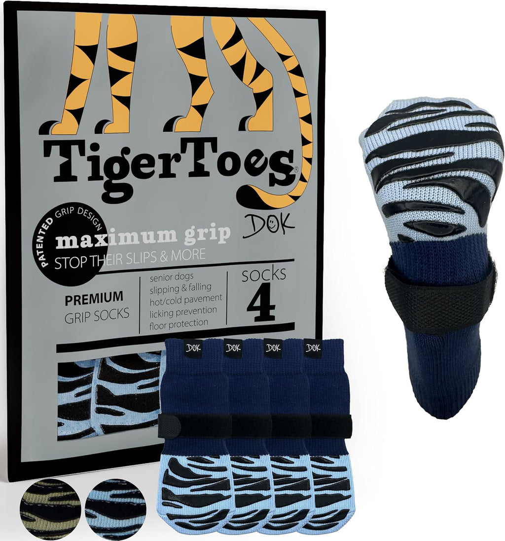 DOK TigerToes Premium Non-Slip Dog Socks for Hardwood Floors - Extra-Thick Grip that Works Even When Twisted - Prevents Licking, Slipping, and Great for Dog Paw Protection (Breezy Blue, Large)