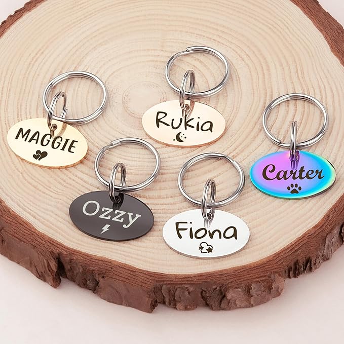 Anavia Small Size Dog Cat ID Tags, Small/XS Personalized Color Plated Stainless Steel Puppy Kitten Name Tags, Customized Engraved Nameplate Pet Collar Tag (Rainbow, Oval)