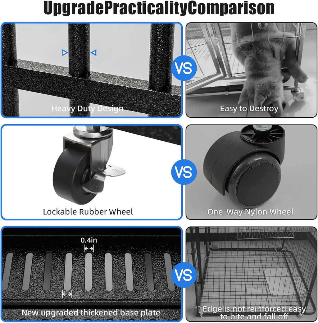 NUGRIART 48 Inch Heavy Duty Indestructible Dog Crate, XL Steel Escape-Proof Kennel for Large Dogs, Double Door Design with 4 Locking Wheels & Reinforced Baseplate, Ideal for High-Anxiety Dogs
