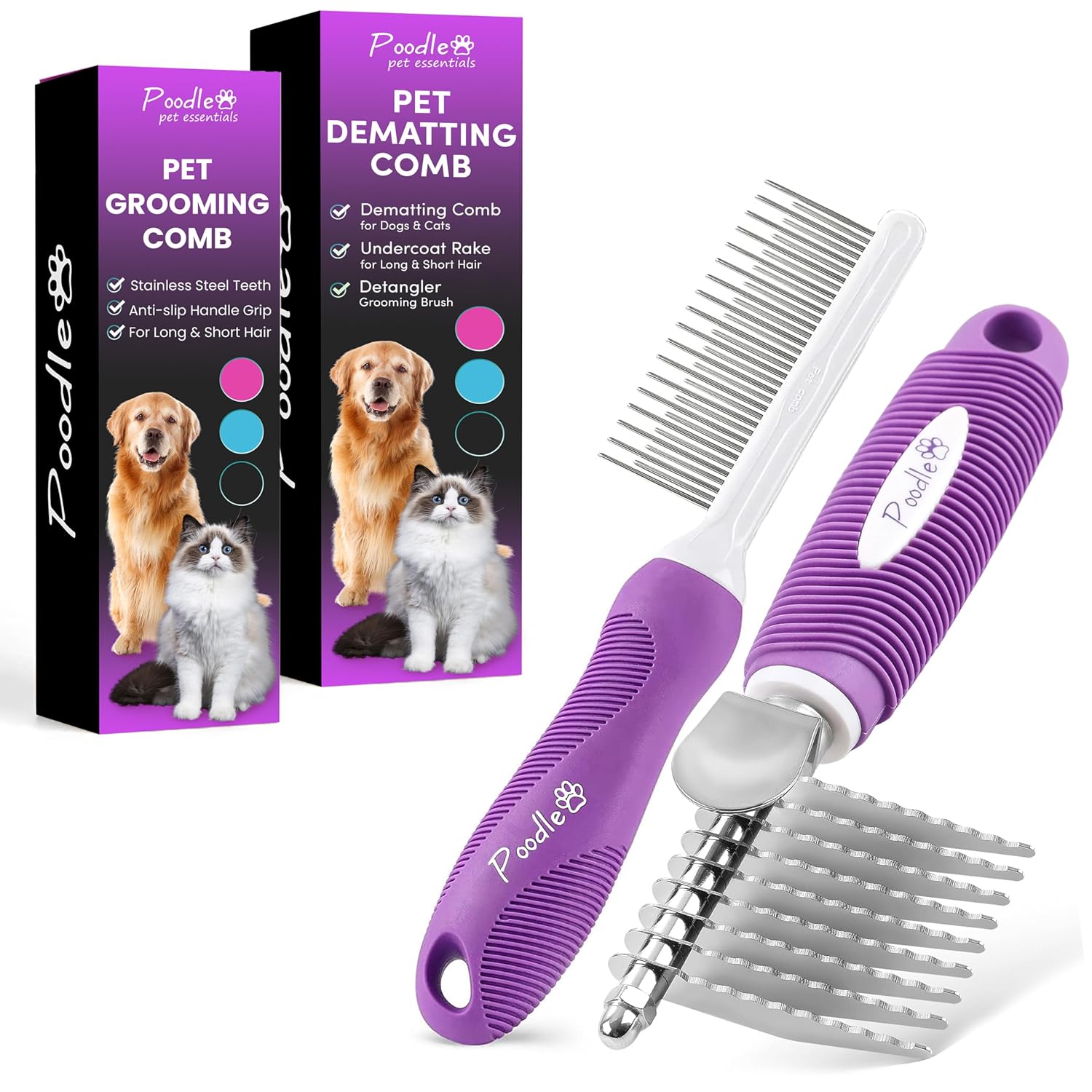 Poodle Pet Bundle - Dematting Fur Rake Comb Brush Tool with Steel Safety Blades and Detangling Pet Comb with Long and Short Stainless Steel Teeth for Detangling Matted or Knotted Undercoat Hair
