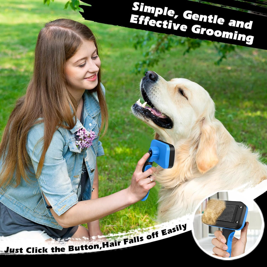 Professional 3PCS Self Cleaning Slicker Brush & Pet Grooming Rake & Flea Comb for Dogs,Cats and Horses | Double-Sided Dematting Comb & Skin Friendly Deshedding Grooming Tool | Pet Supplies (Blue)