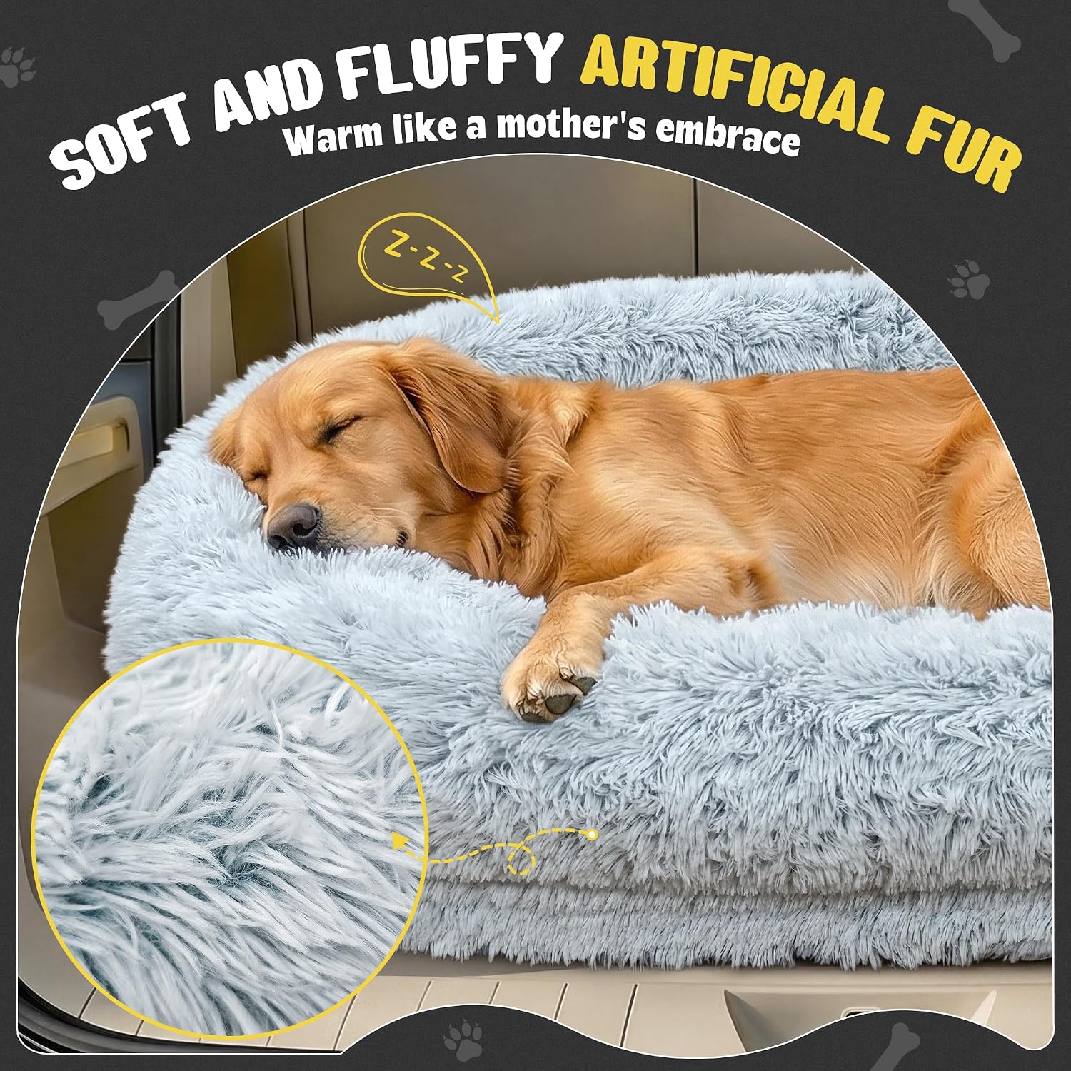 Loiion Orthopedic Car Dog Bed for Large Dogs, Waterproof Faux Fur Calming Travel Bed, Non-Slip Washable Backseat Bed for SUV & Sedan | Joint Support for Senior/Arthritic Pets