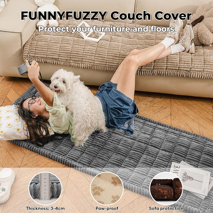 FUNNY FUZZY Pet Couch Covers for Sofa, Flannel Dog Couch Cover for Dogs Washable, Sofa Cover Furniture Protector Pet-Friendly Sofa Cover for Dogs & Kids (Light Brown, 27.6"×82.7")