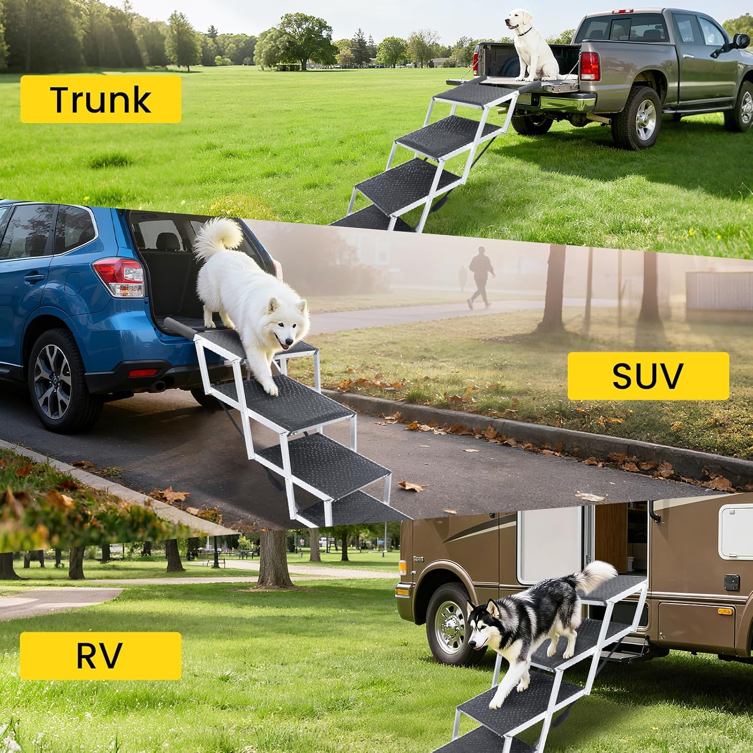 Dog Stairs for Large Dogs, Extra Wide Dog Ramp for Car with Non-Slip Surface, Folding Dog Car Ramp for SUV & Car, Outdoor, Supports up to 250 lbs, 4 Steps