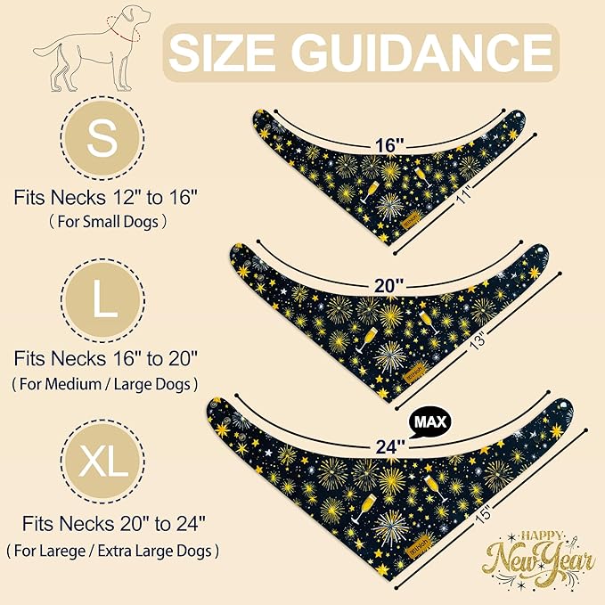 Happy New Year Dog Bandanas with Snap Button, 2 Pack Adjustable Bandanas for Small, Medium, and Large Dogs, Pet Scarf for Holiday Costume Accessory & Photo Shoot (X-Large)