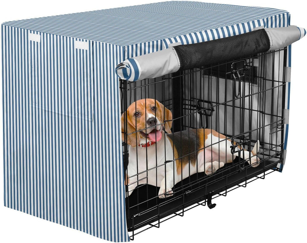 Blue White Stripes Dog Crate Cover 600D Oxford Heavy Duty Kennel Cover Mesh Window Soundproof Waterproof Sunshade Universal Fit for 42 inches Wire Cage