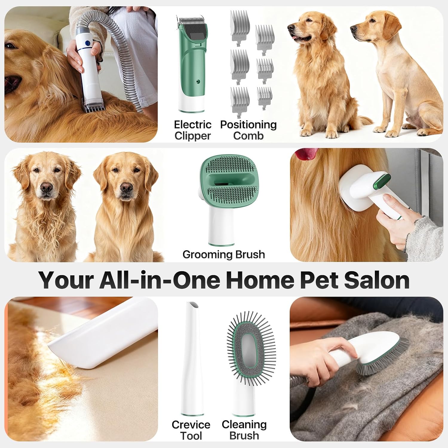Buenkee Dog Grooming Vacuum Kit, 15000Pa Clipper, Shedding Brush, 2L, Green | Brush, trim and deshed at home with less flying fur, mess-control suction and fewer emptying breaks during longer sessions