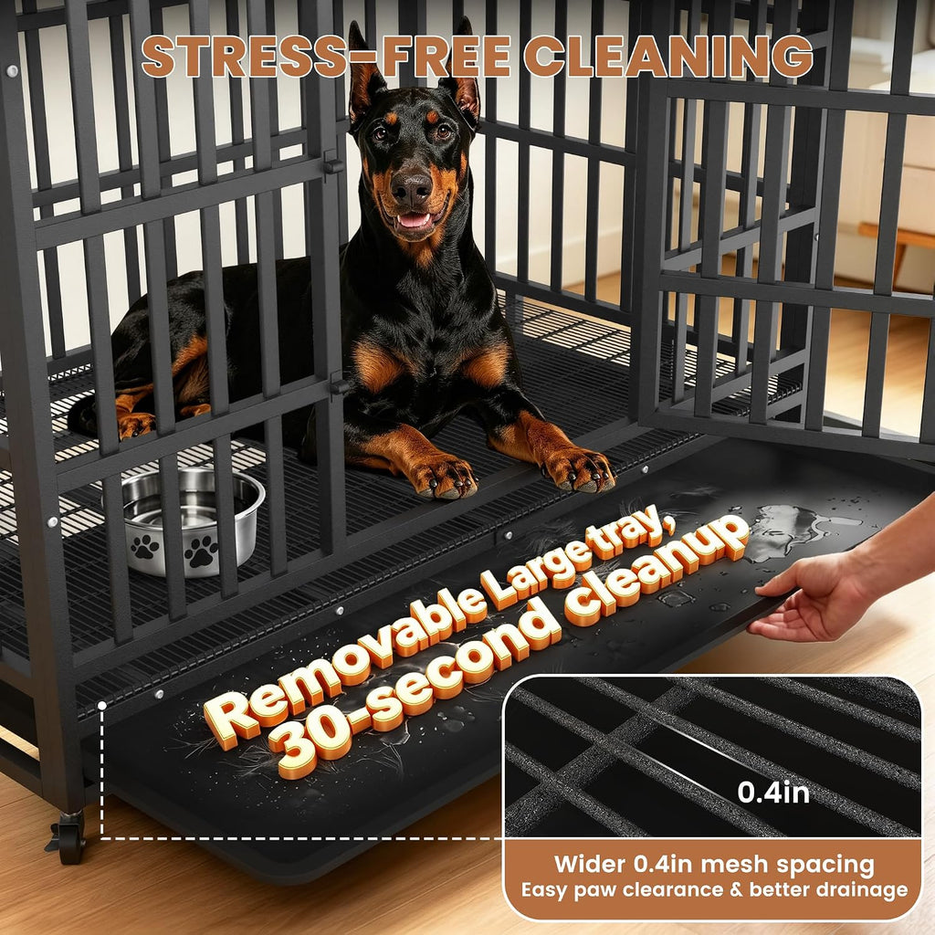 Heavy Duty Dog Crate 48 Inch, Indestructible Kennel for Large Dogs | 38-60" for Small to XX-Large Dogs | Escape Proof Latch | Removable Tray | Chew-Proof Steel | Lockable Wheels | Easy-Clean