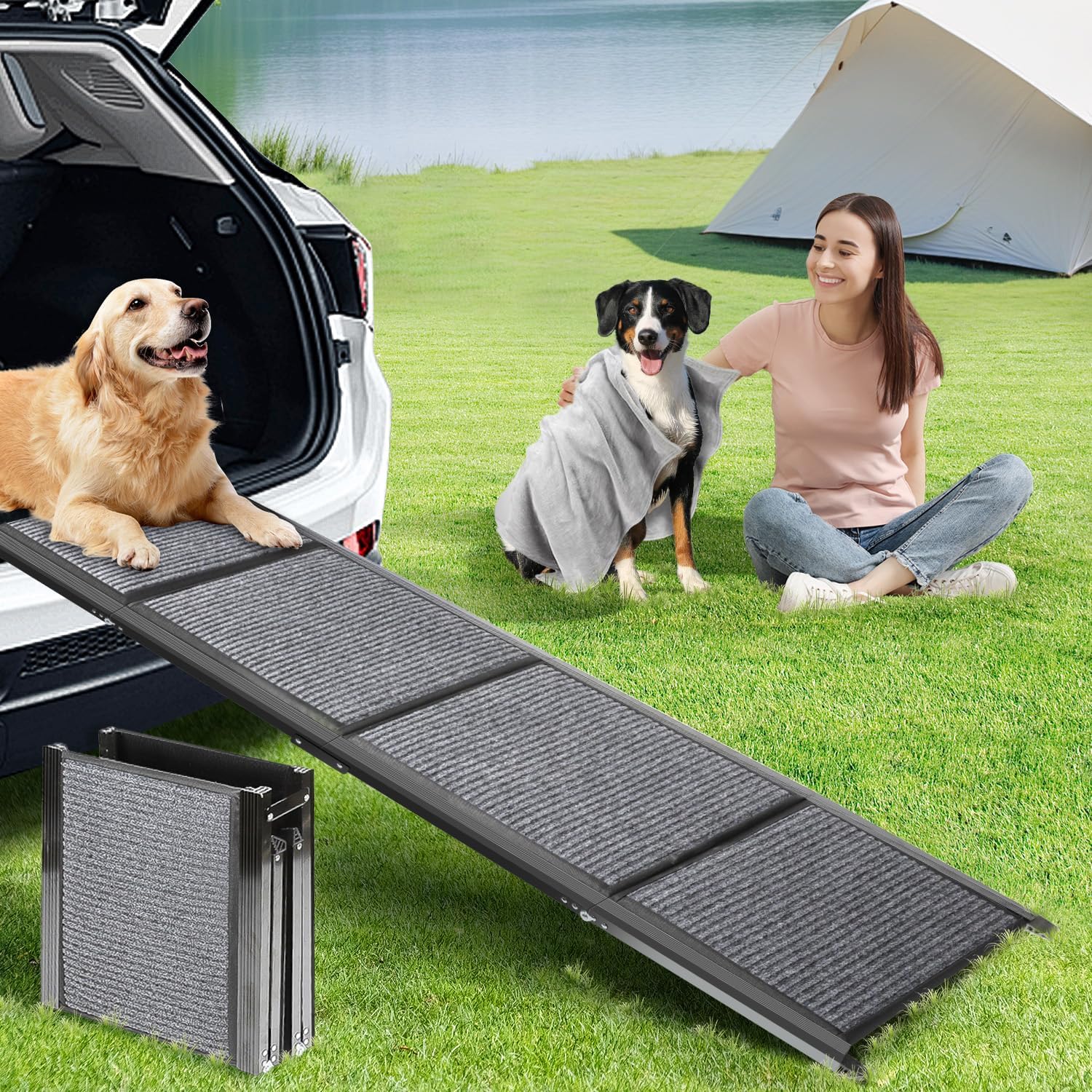Dog Ramp for Car, Longest 71" Portable Folding Pet Ramp with Extra Pet Blanket, Car Ramp with Non-Slip Rug Surface, Gentler Dog Stairs for Medium & Large Dogs Enter a Car, SUV & Truck