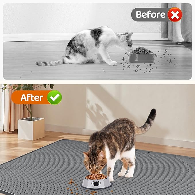 Cat Food Mat, 57" x 40" Extra Large Silicone Pet Feeding Mat with Raised Edge Pet Placemat for Food and Water Bowl Non-Slip, Easy to Clean, Floor Protection (Dark Grey)