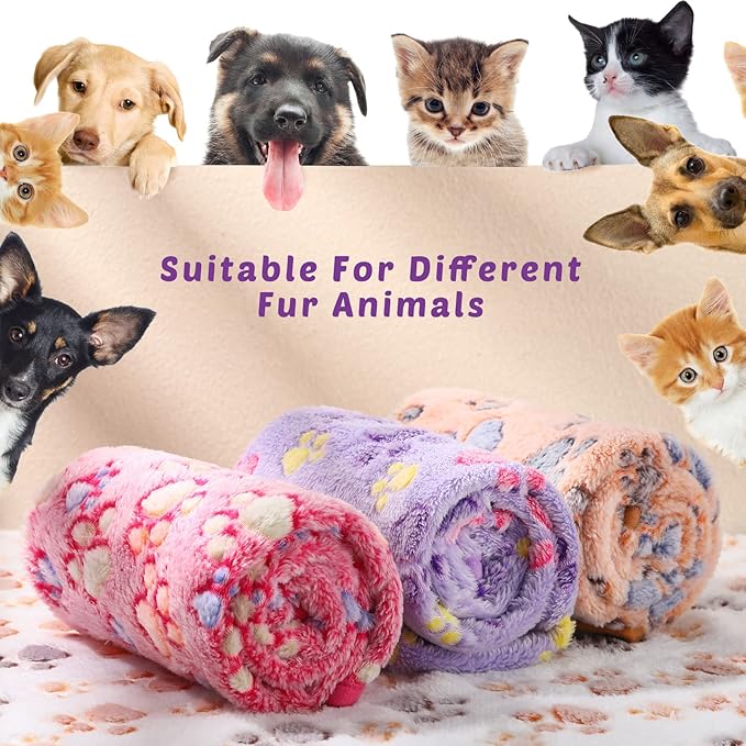 Tegeme 8 Pcs Fleece Dog Blankets for Small Dogs Cat Soft Coral Velvet Warm Sleep Mat Fluffy Dog Paw Print Blanket for Kitten Doggy Small Animal(24 x 16 Inch,Mixed Color)