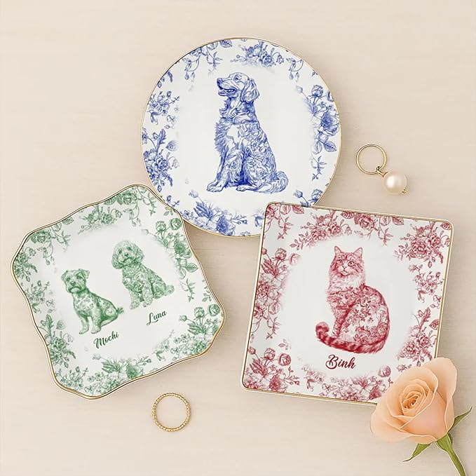 Custom Dog Cat Breed Jewelry Dish, Toile De Jouy Pet Ring Dish, Personalized Dog Cat Mom Gifts, Pet Lover Trinket Dish, Pet Present, Decorative Trinket Tray for Pet Lovers Home Decor