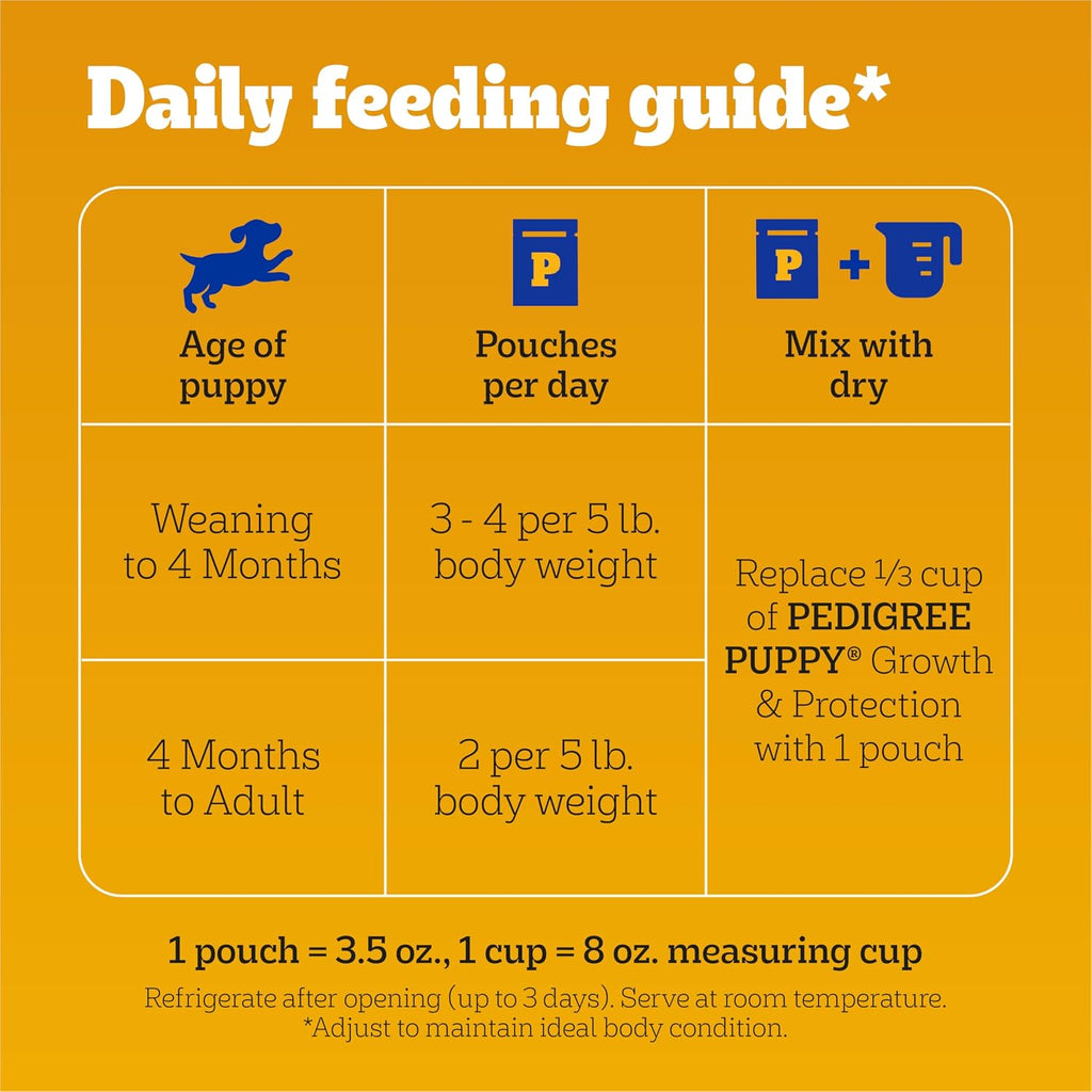 Pedigree Puppy Morsels Wet Dog Food Pouch, Chicken, 3.5 oz, 16 Count | Steam cooked, high quality animal protein, DHA brain support, calcium for teeth & bones, topper or complete meal