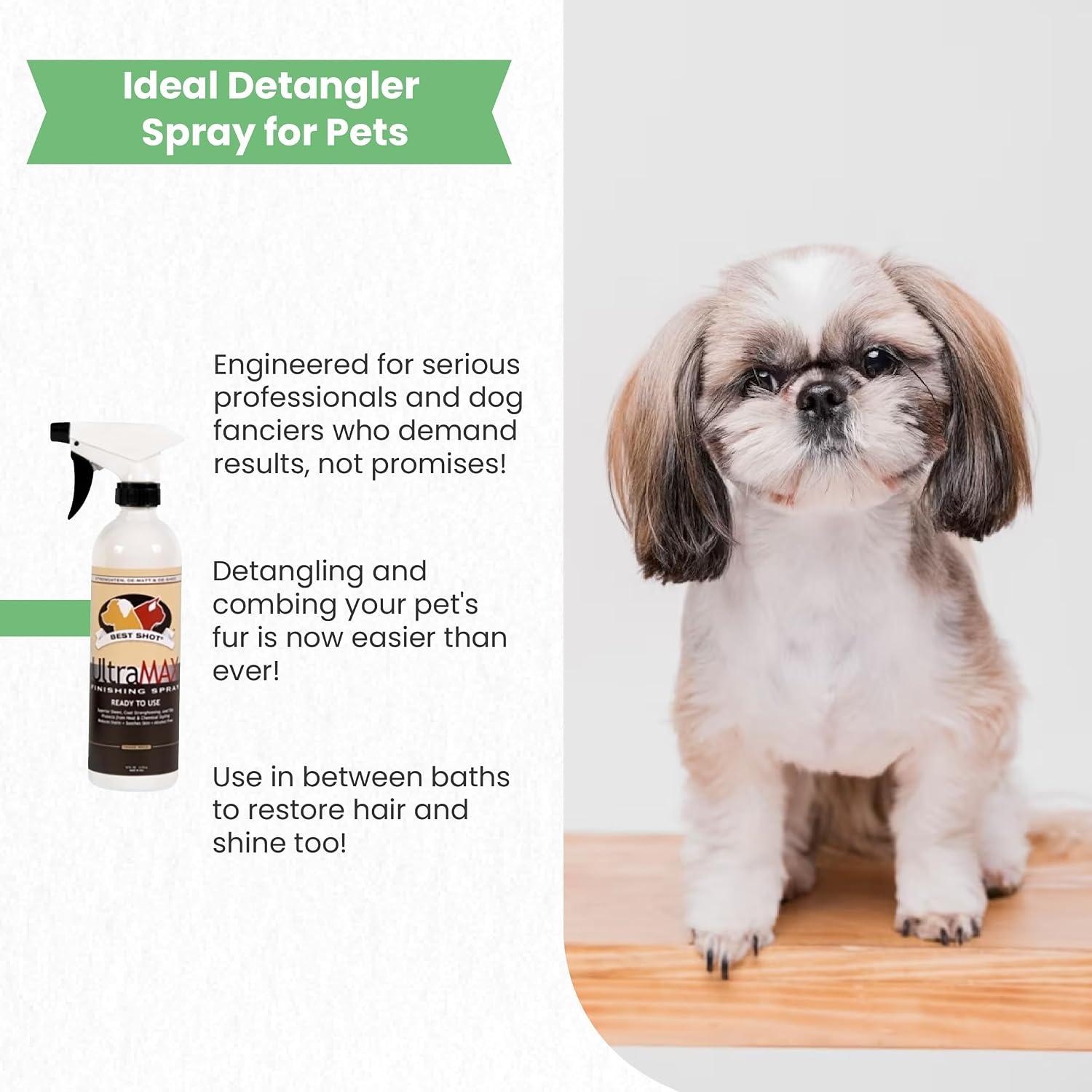 Best Shot UltraMAX Pro Finishing Spray, Ideal Detangler Spray for Pets, Hydrating and Soothing Pet Grooming Spray, for Dogs and Cats, 34 Oz. | Sweet pea scent, alcohol-free, adds sheen, detangles, hydrates and reduces static