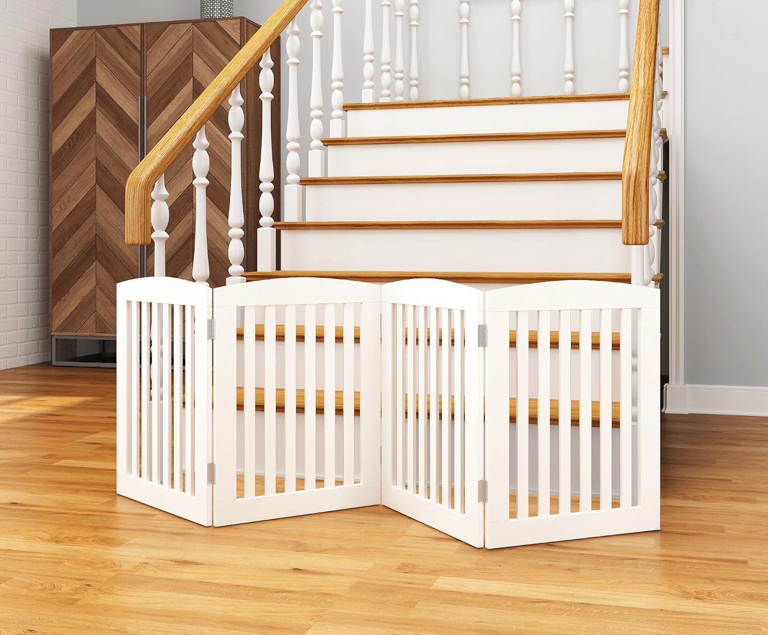 PAWLAND Wooden Freestanding Foldable Pet Gate for Dog,24" H Dog Gate Indoor | Dog Gate for Doorway, Stairs, the House, Step Over Fence, Extra Wide, Room Divider, Front Door, Hallway, 4 Panels, White