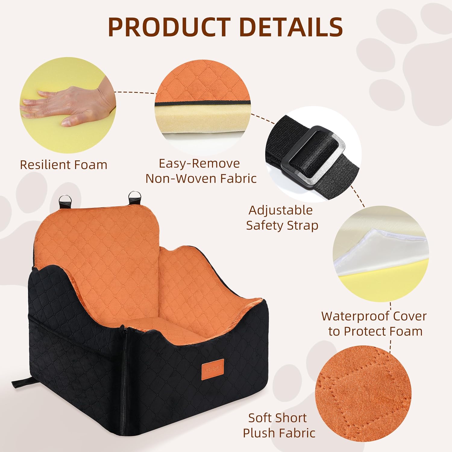 XEEP Dog Car Seat Booster Seat with Blanket & Pee Pad for Small Pet Travel | 35lbs Max Load, High Density Memory Foam Dog Bed for Car, 5 Inch Elevated View, Adjustable Dog Seat Belt for Car, Washable