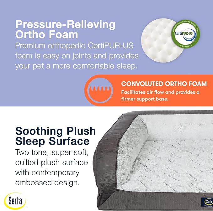 Serta Orthopedic Supportive Foam Quilted Couch Dog Bed with Soft Bolsters (Slate Gray) X-Large