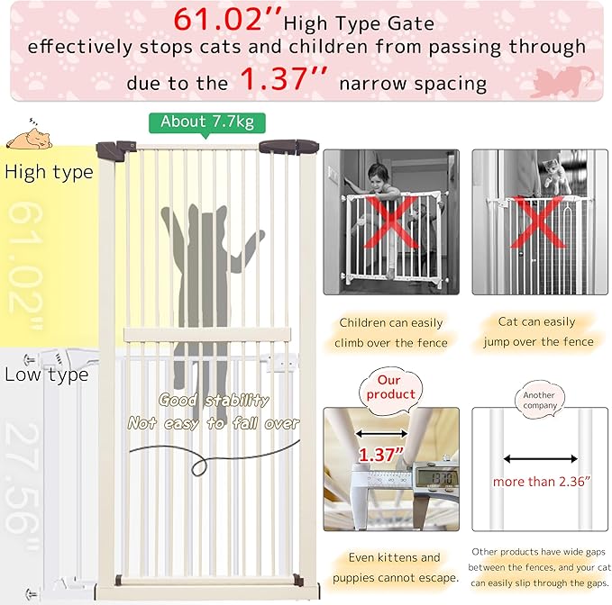 Lumizone Extra Tall Cat Gate 61.02" High Pressure Mounted Extra Wide 38.39"-42.51" (17Sizes) 1.37" Gap No Drilling Auto-Close Tall Pet Gate for Dogs (Cream, 38.39"-42.51" W)