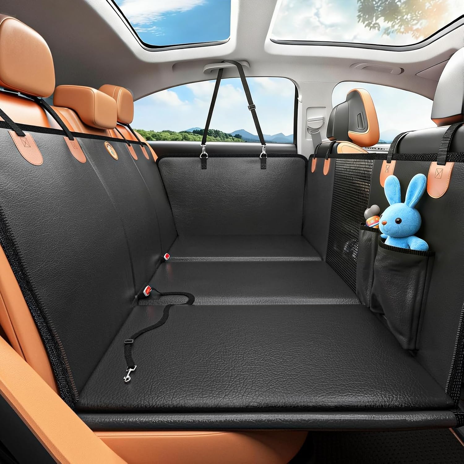 MYJAQI Back Seat Extender for Dogs, Hard Bottom Dog Car Seat Cover | 100% Waterproof PU Leather, Holds 400lbs, Scratch Proof and Anti Slip Dog Hammock for Car, Mesh Window & Dog seatbelt