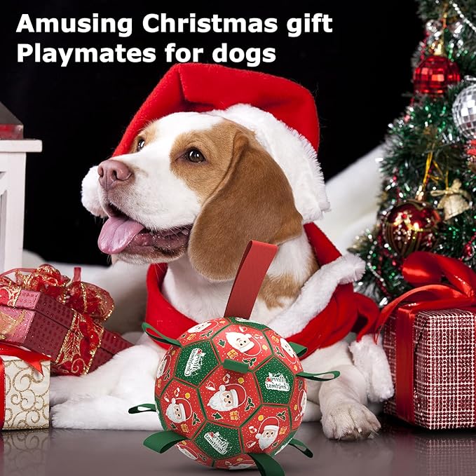 QDAN Christmas Dog Toys: Soccer Ball with Straps for Outdoor Play, Tug of War, Puppy Gifts - Durable 8-Inch Balls for Medium Large Dogs