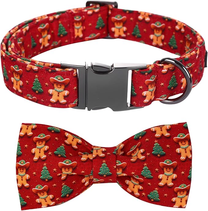Christmas Dog Collar, Soft Pet Collar Gingerbread Man Cute Dog Collar with Bow Red Christmas Tree Adjustable Sturdy Collars Winter Holiday Collars for Medium Girl Boy Dogs