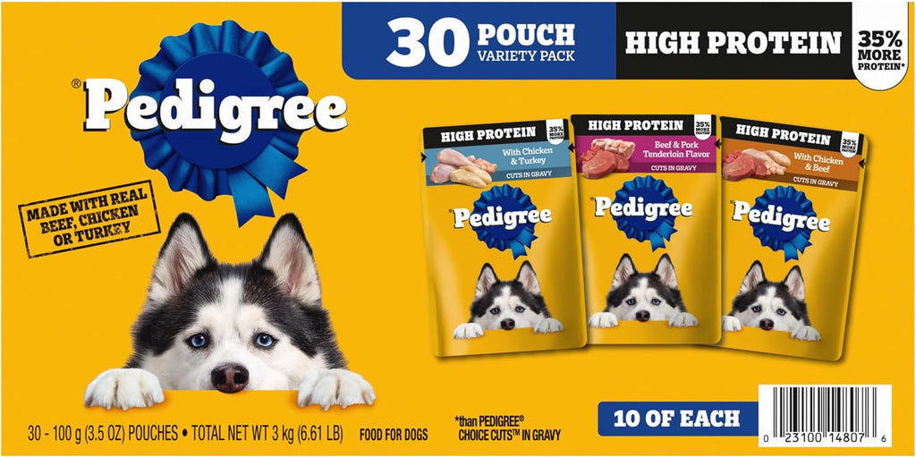 Pedigree High Protein Wet Dog Food Pouches, Variety Pack, 3.5 oz, 30 Count | 35% more protein than Choice Cuts in Gravy, real beef/chicken/turkey, steam cooked, 100% complete & balanced