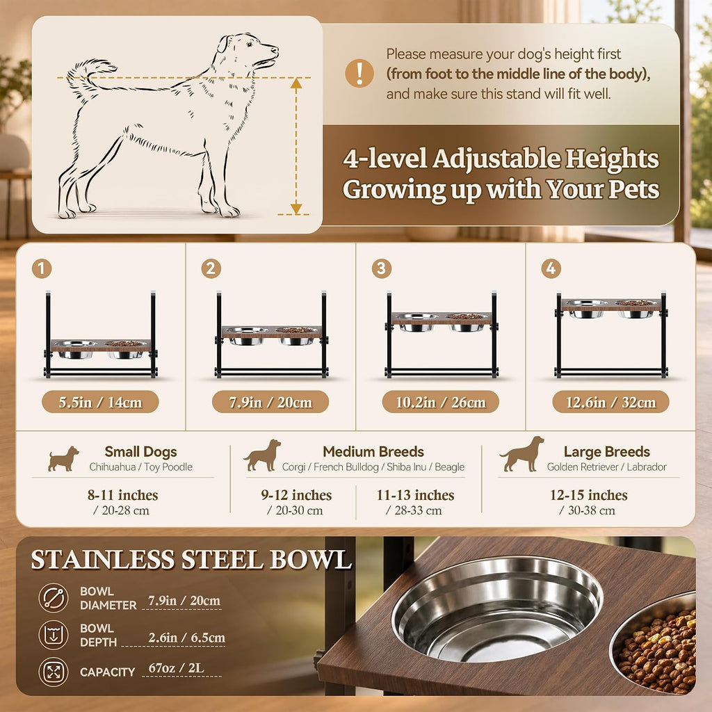 Elevated Dog Bowls, Angle&Height Adjustable, 2L Stainless Steel Bowls | Tilted Platform (0°, 7.5°, 15°) Dog Bowl Stand, Stable & Sturdy Metal Raised Dog Feeding Station, For Large Medium Small Dogs