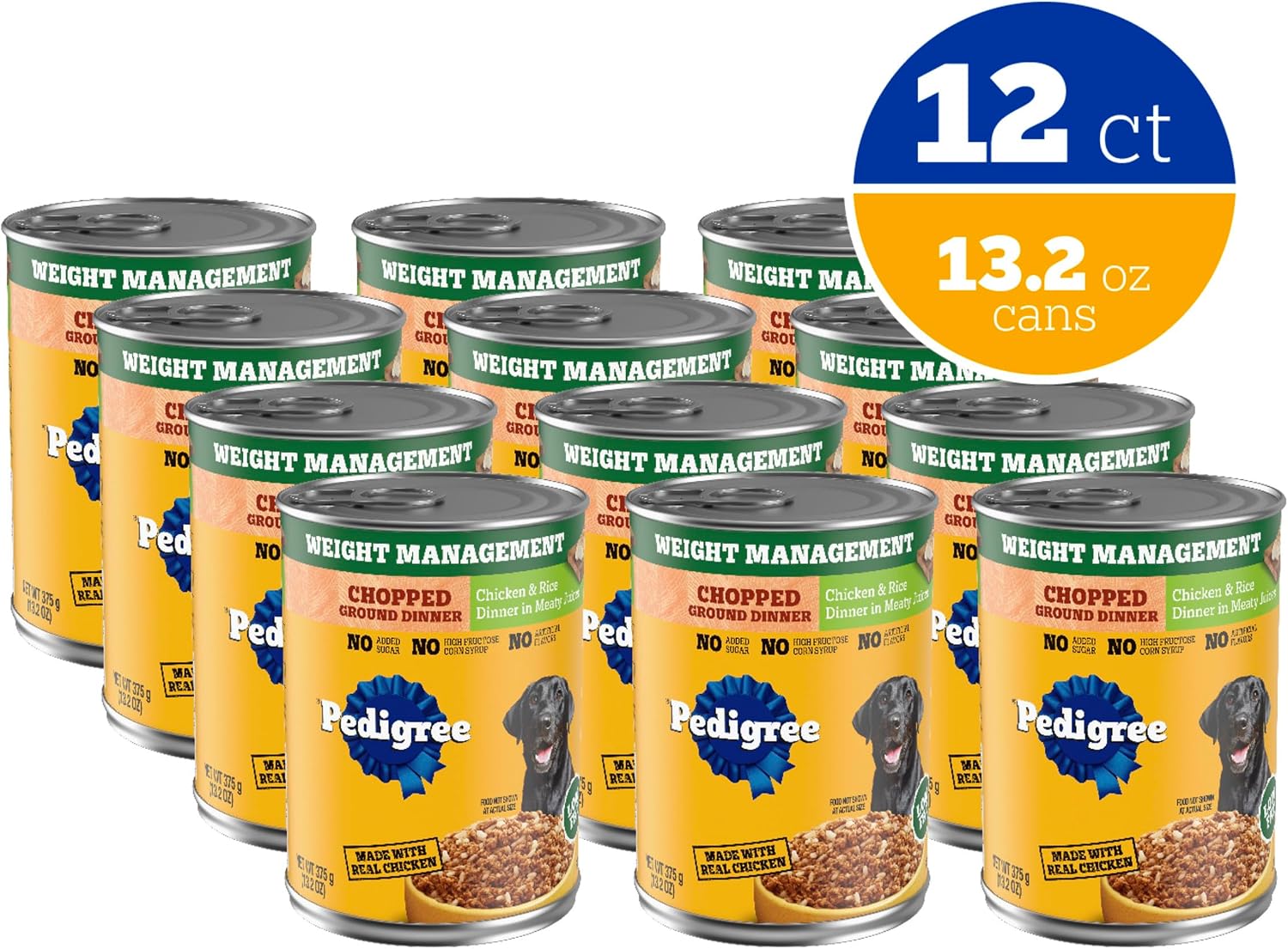 Pedigree Chopped Weight Management Wet Dog Food, Chicken, 13.2oz, 12 Count | Real chicken #1 ingredient, low fat, 100% complete & balanced, made in USA, use as topper or serve alone, low fat