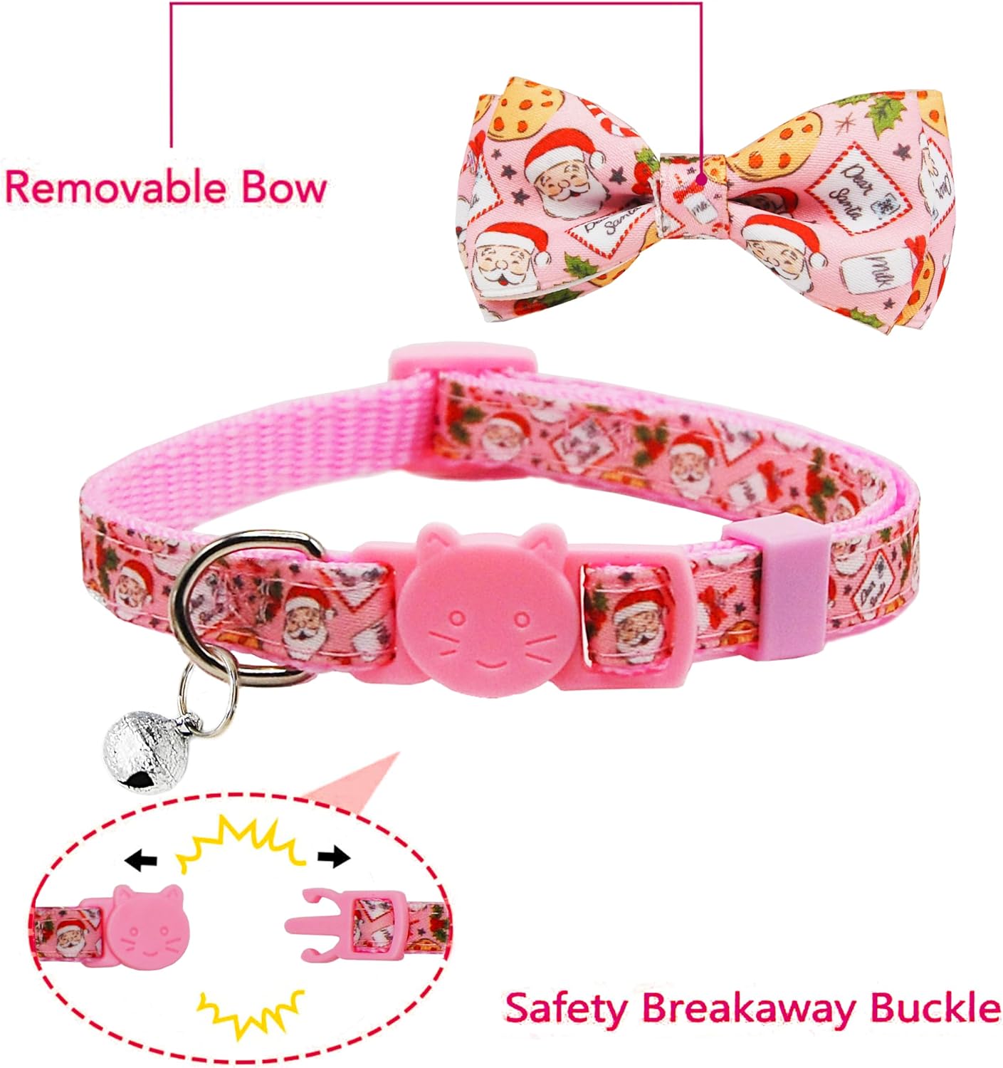 Christmas Cat Collar 2-Pack - Cute Santa & Cookies Holiday Collars with Removable Bow Tie & Bell, Adjustable Breakaway Safety Buckle for Kitties Kittens (Pink & Blue)