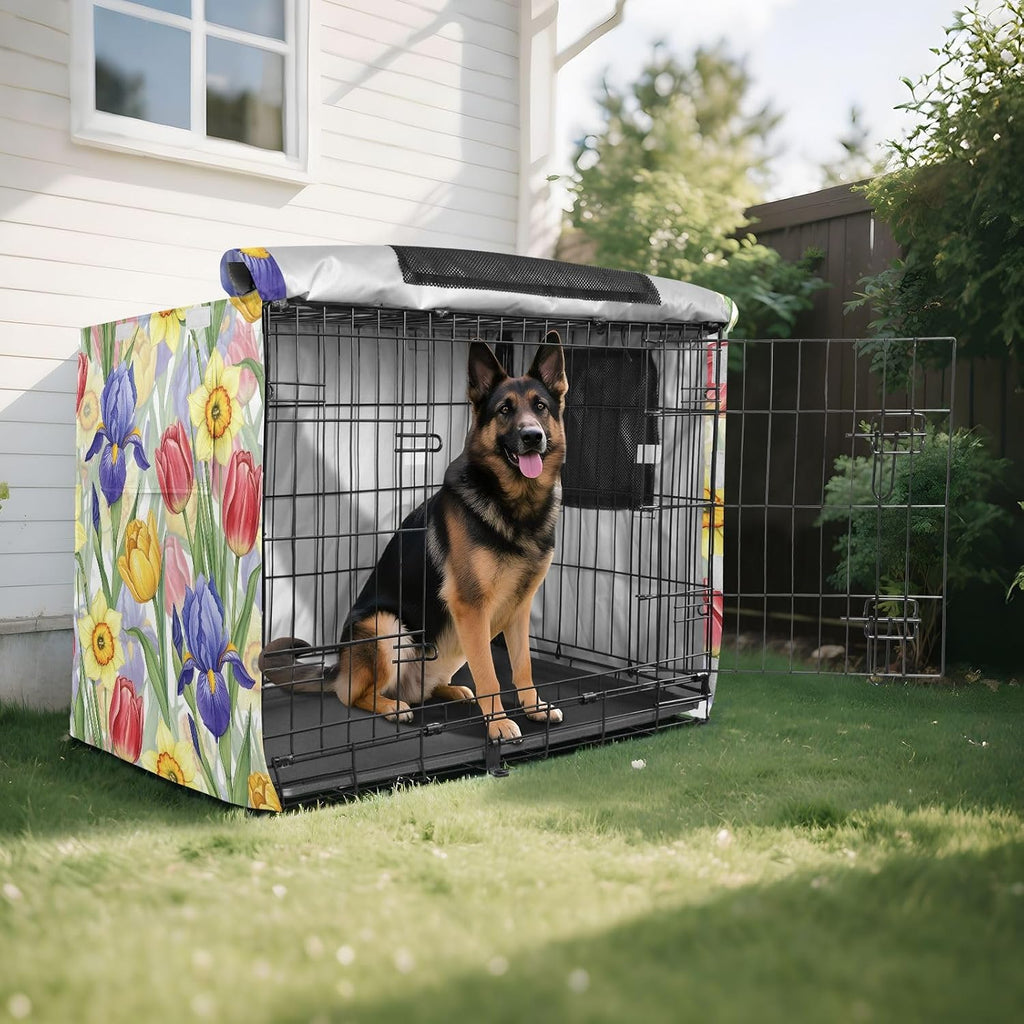 Bright Spring Flowers Dog Crate Cover 600D Oxford Heavy Duty Kennel Cover Mesh Window Soundproof Waterproof Sunshade Universal Fit for 42 inches Wire Cage