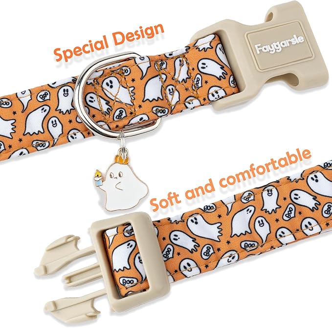 Faygarsle Halloween Ghost Pattern Dog Collar with Charm, Orange and White,for Small Medium Large Dogs M