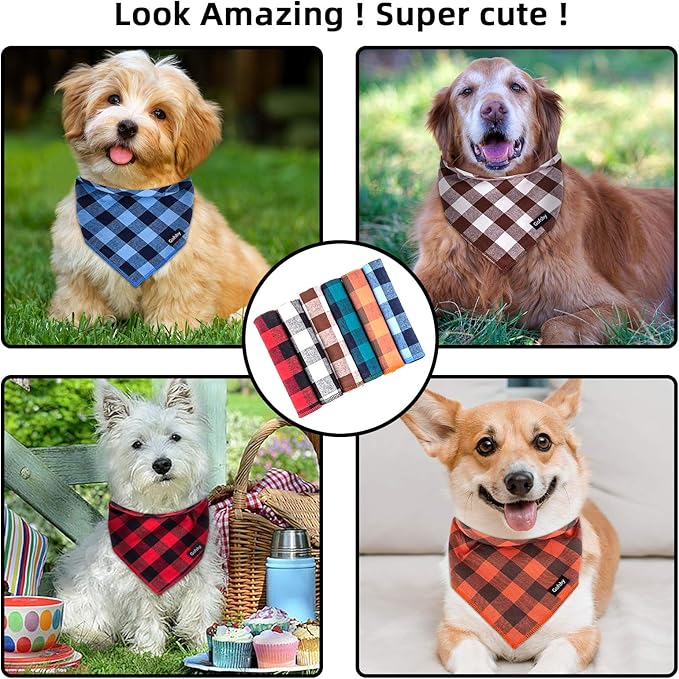 Buffalo Plaid Dog Bandanas Fall Christmas X-Large 6PCS Dog Gifts Red Blue Green Orange Black Brown Scarf Adjustable Kerchief for Medium Large Pets