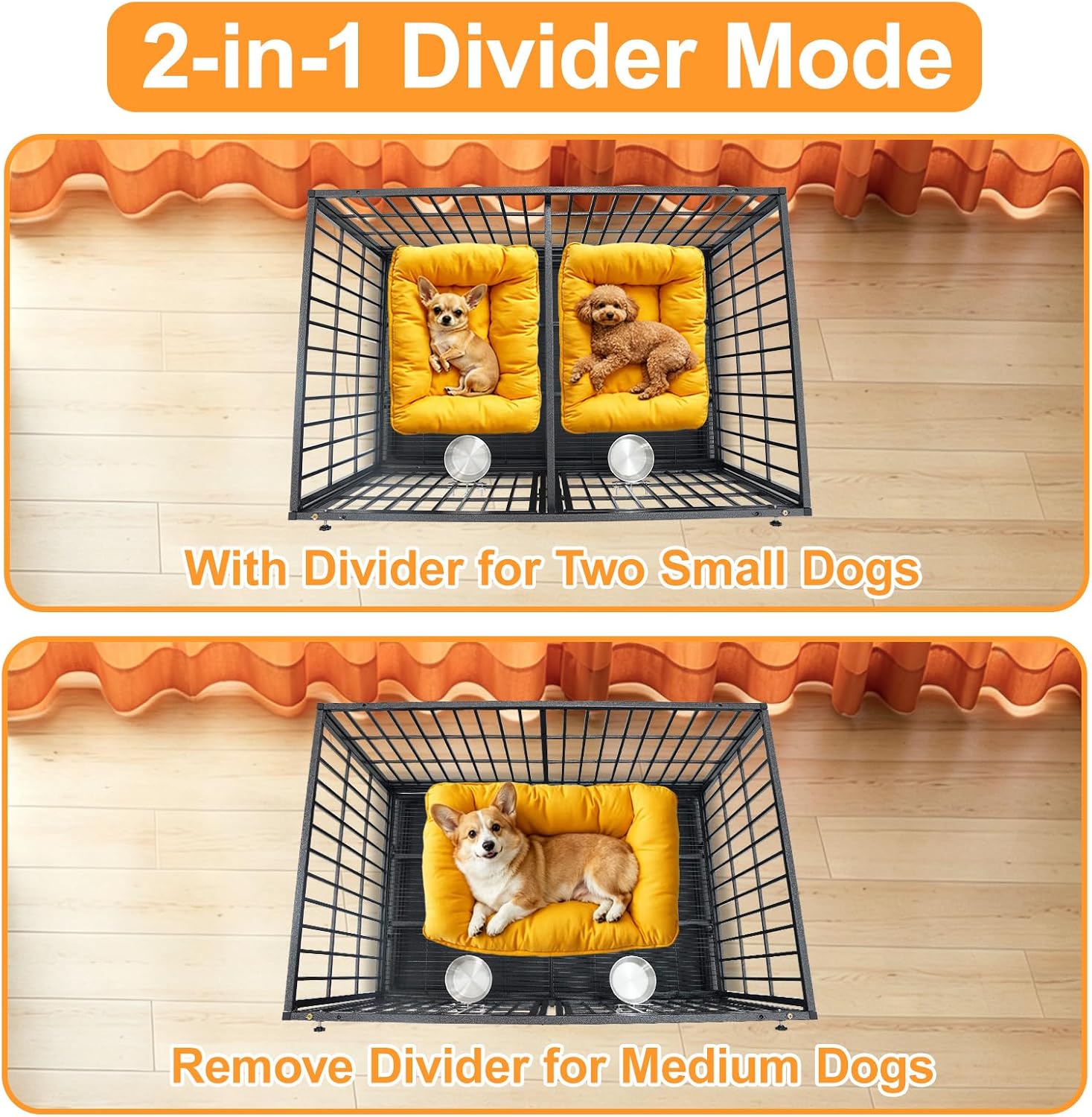 Homey Pet 43" Double Dog Crate, Heavy Duty Stackable Kennel with Divider | Drop Cage for Dogs with Dual Doors, Auto Locks, Bowls, Removable Tray, for Small & Medium Dogs, Breeders and Multi-dog Homes