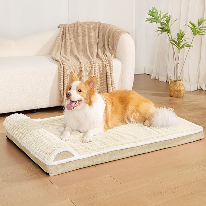 Orthopedic Jumbo Dog Bed Large Sized Dog with Pillow 56''X40'' Waterproof Soft Comfortable Egg Crate Foam Pet Crate Beds Mat with Removable Washable Cover and Non-Slip Bottom, Cream