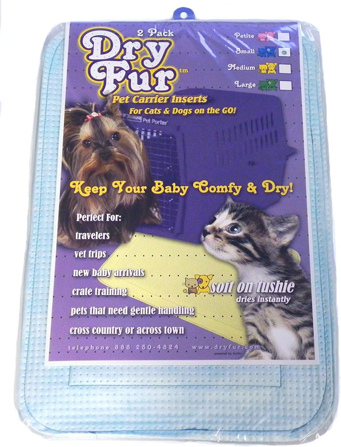 DryFur Pet Carrier Insert Pads size Small 19.5in x 12.5in Blue - 2 pack, Patented Design Locks in wetness keeps pet perfectly dry when traveling