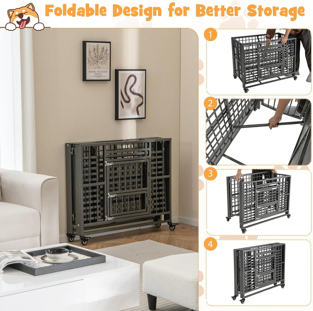 Tangkula Foldable Dog Crate, 3-Door Heavy Duty Dog Kennel with Removable Crate Tray, 4 Smooth Wheels, Indestructible Dog Crate for Indoor and Outdoor, Kennel Cage for Medium and Large Dogs