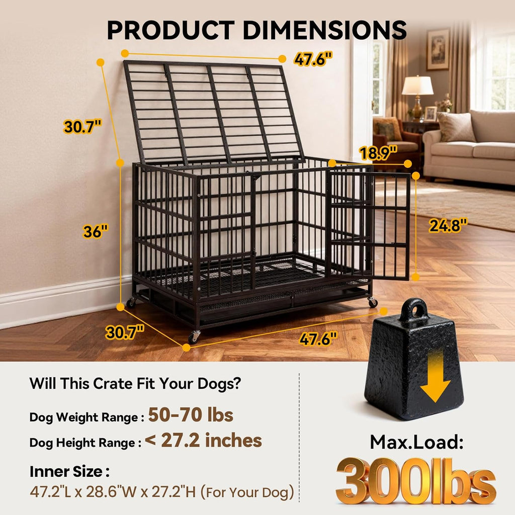 Oranland 48-Inch Heavy Duty Dog Crate for Large Dogs | Indestructible Dog Cage with Escape-Proof Lock,Double Doors,Secure Locks,Removable Wire Tray for High Anxiety Dogs