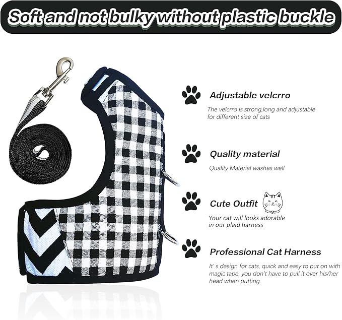 Cat Harness and Leash for Walking Escape Proof, Adjustable Cat Vest Harness, Padded Stylish Cat Walking Jackets, Black Plaid, XX-Large
