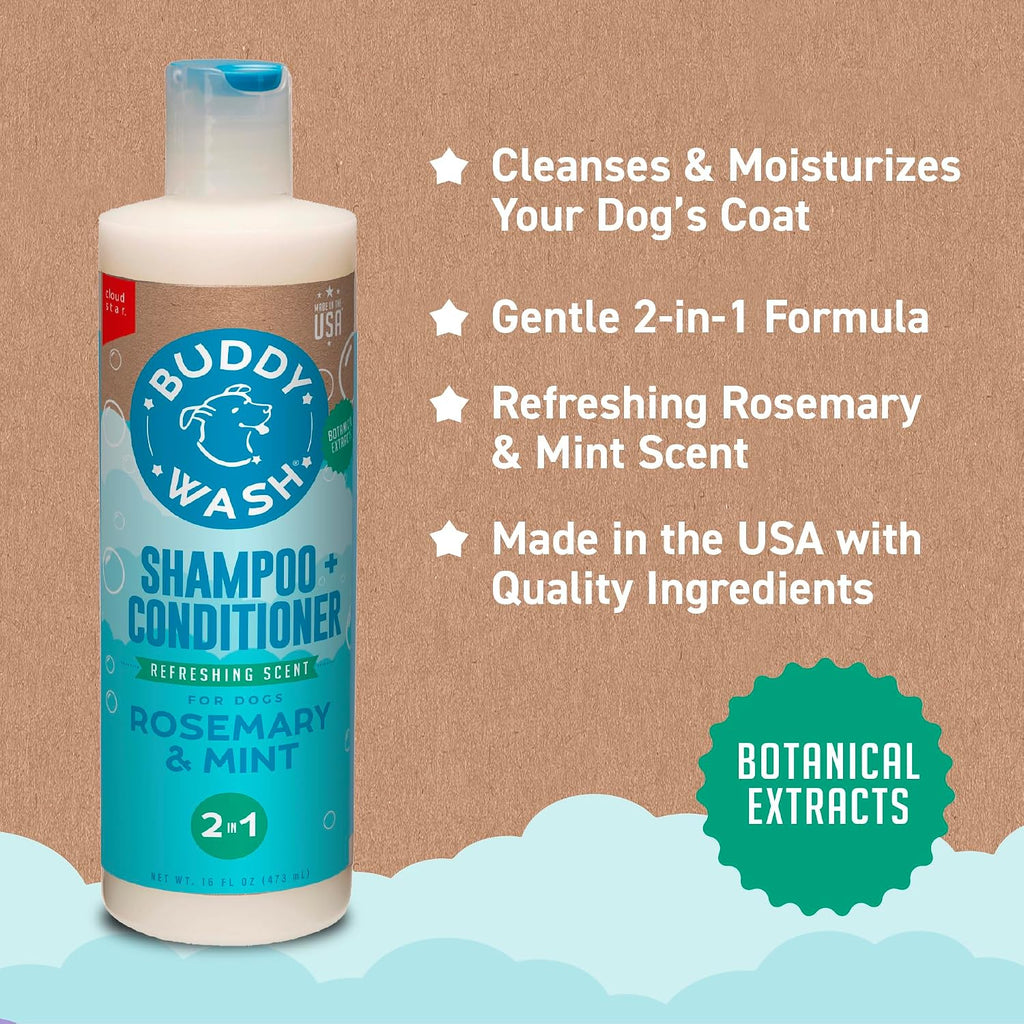Buddy Grooming Wash 2 in 1 Dog Shampoo, Rosemary & Mint, 16 oz. Bottle