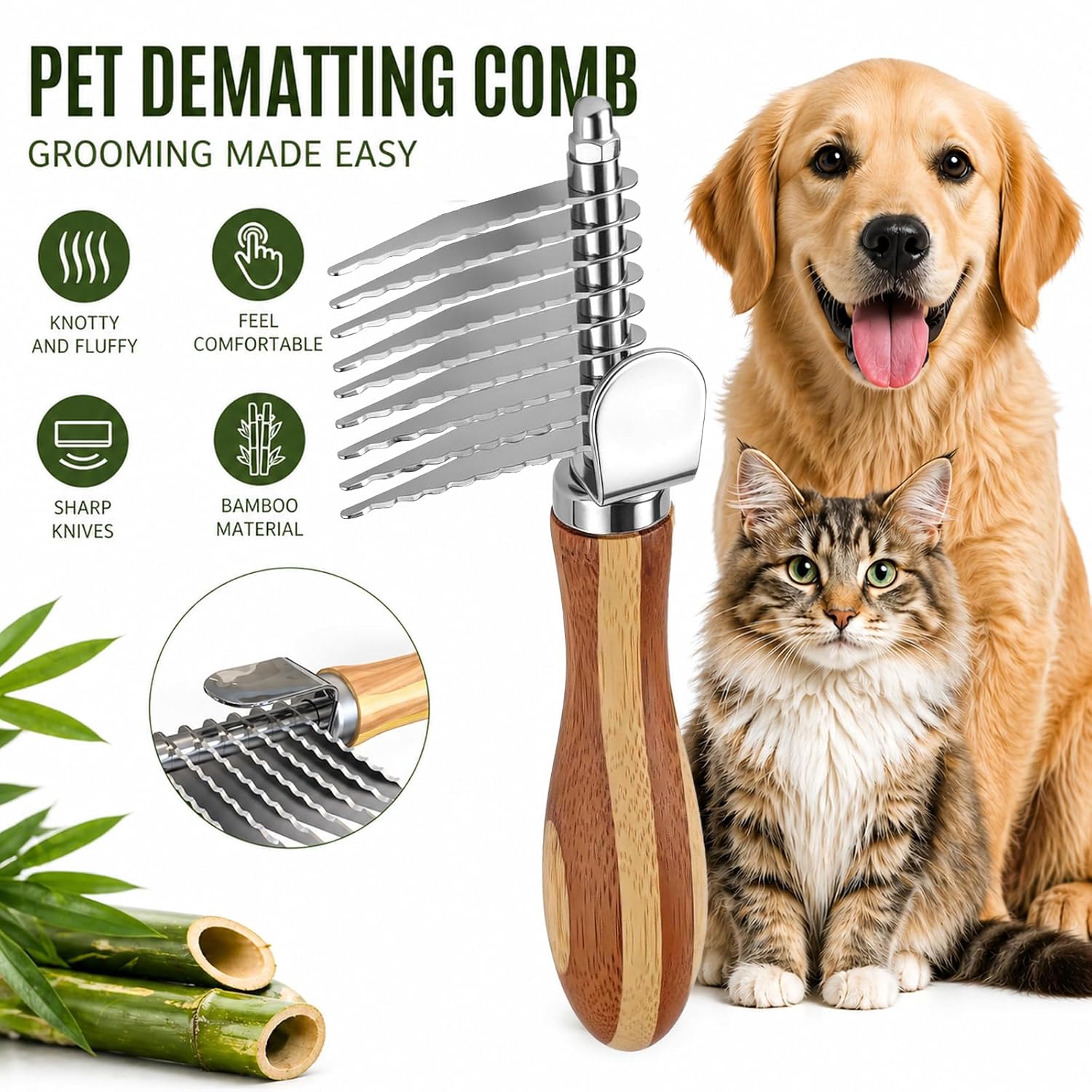 Pet Dematting Comb with Bamboo Handle, Dog Cat Grooming Brush for Removing Mats, Knots, Tangles & Loose Fur, Stainless Steel Undercoat Rake for Long & Short Haired Pets