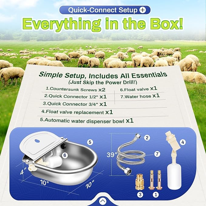 Automatic Animal Drinking Water Bowl with Float Valve, 304 Stainless Steel Kit Includes Bowl, Pipe, 2 Valves, Quick Connector Adapter and Countersunk Bolts. (Auto-Filling)