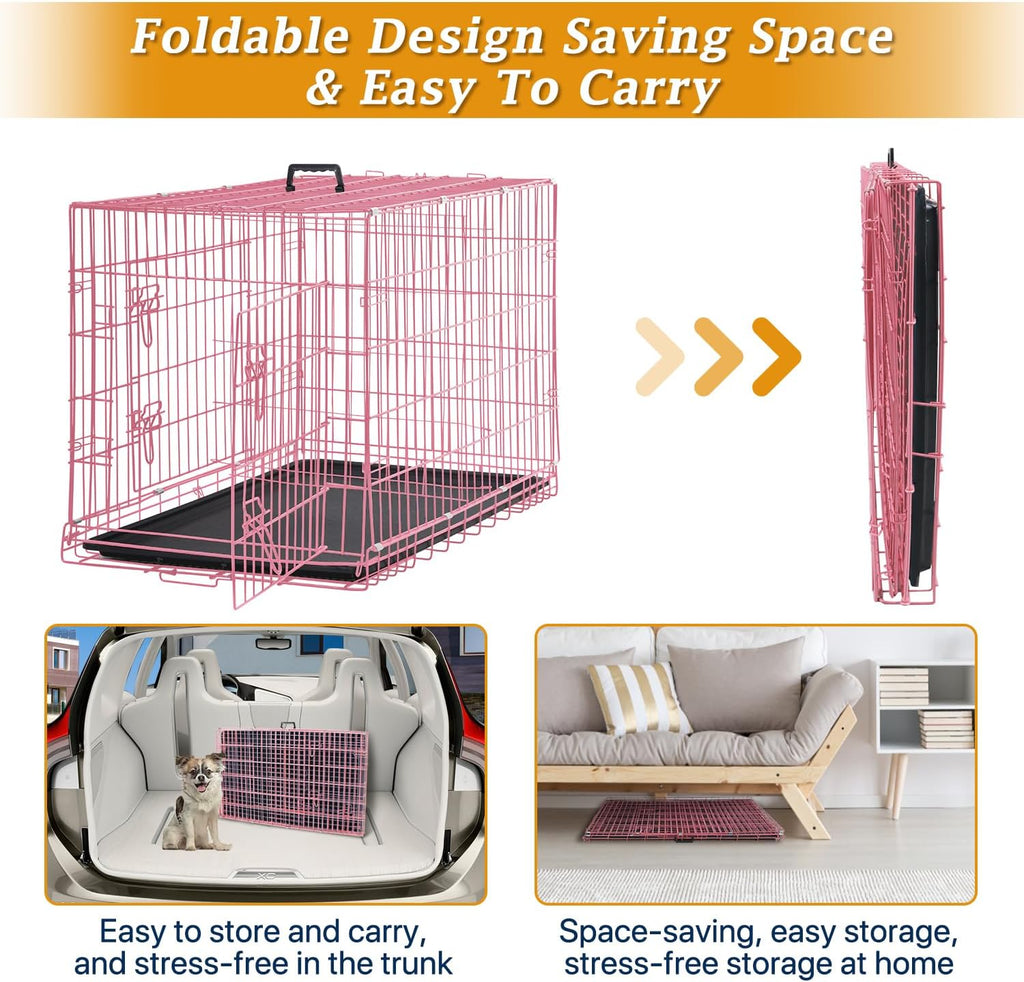 Dog Crate Dog Kennel Cage for Small Dogs, 24" Portable Foldable Indoor Outdoor Large Double Door Wire Metal Puppy Cat Pet Dog Cage with ABS Tray LC & Divider, Pink