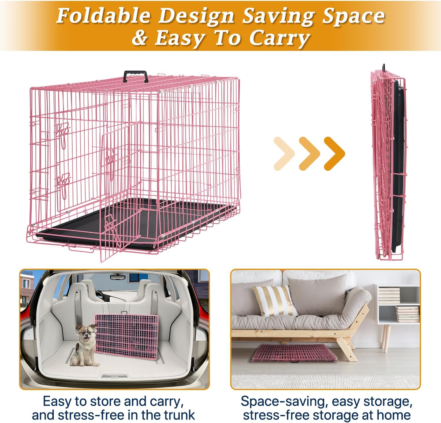 Dog Crate Dog Kennel Cage for Small Dogs, 24" Portable Foldable Indoor Outdoor Large Double Door Wire Metal Puppy Cat Pet Dog Cage with ABS Tray LC & Divider, Pink