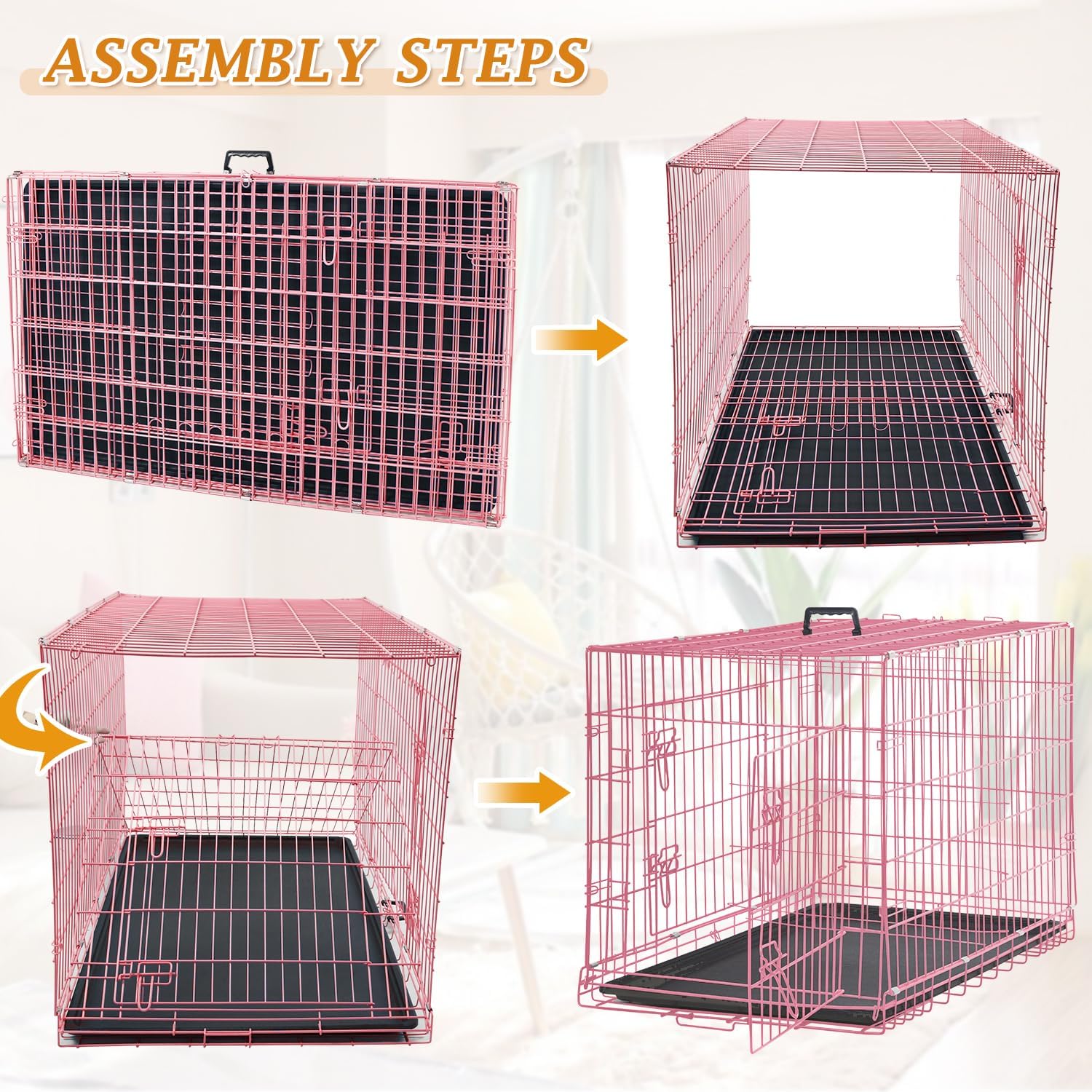Dog Crate Dog Kennel Cage for Small Dogs, 24" Portable Foldable Indoor Outdoor Large Double Door Wire Metal Puppy Cat Pet Dog Cage with ABS Tray LC & Divider, Pink