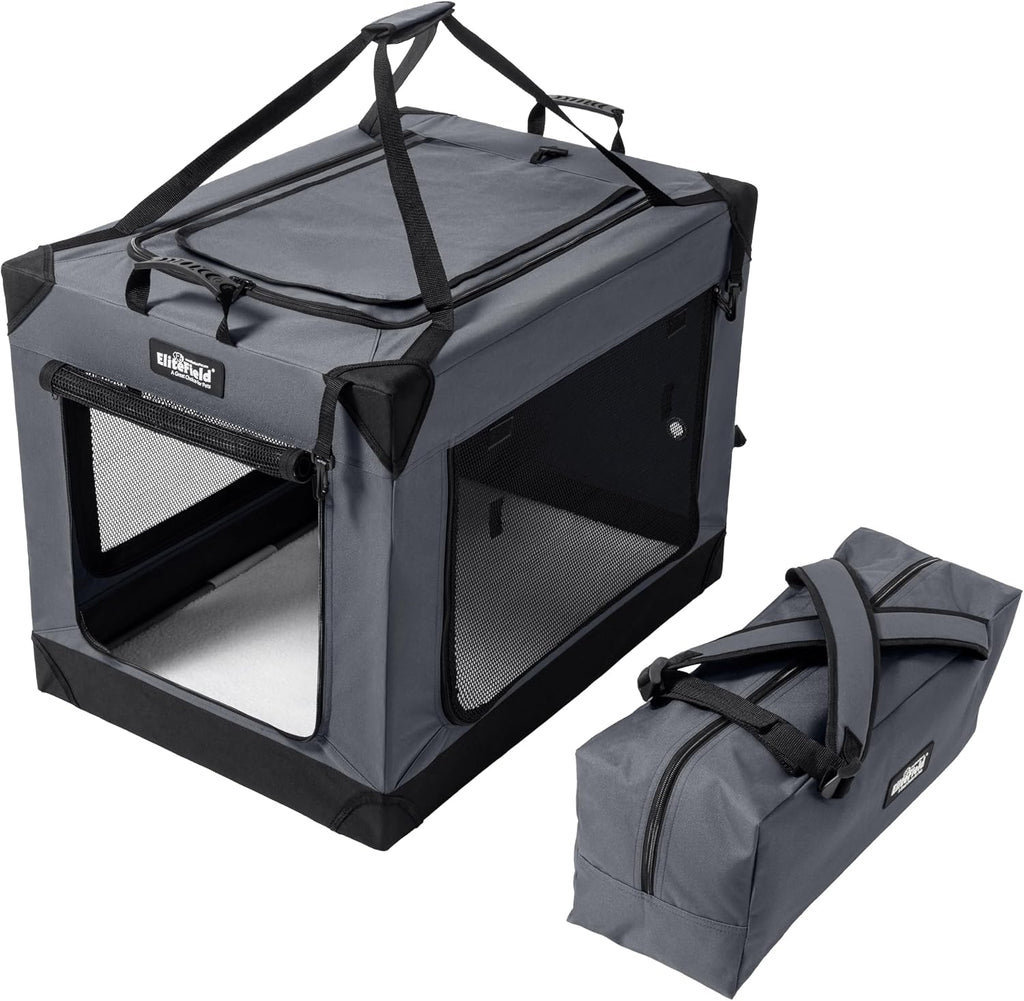 EliteField 4-Door Folding Soft Dog Crate, Aluminum Frame (2-Year Warranty) | Top Curtain, Washable Crate & Bed Covers, Backpack Carrying Bag, Indoor/Outdoor, Storage Pockets, Zipper Locks