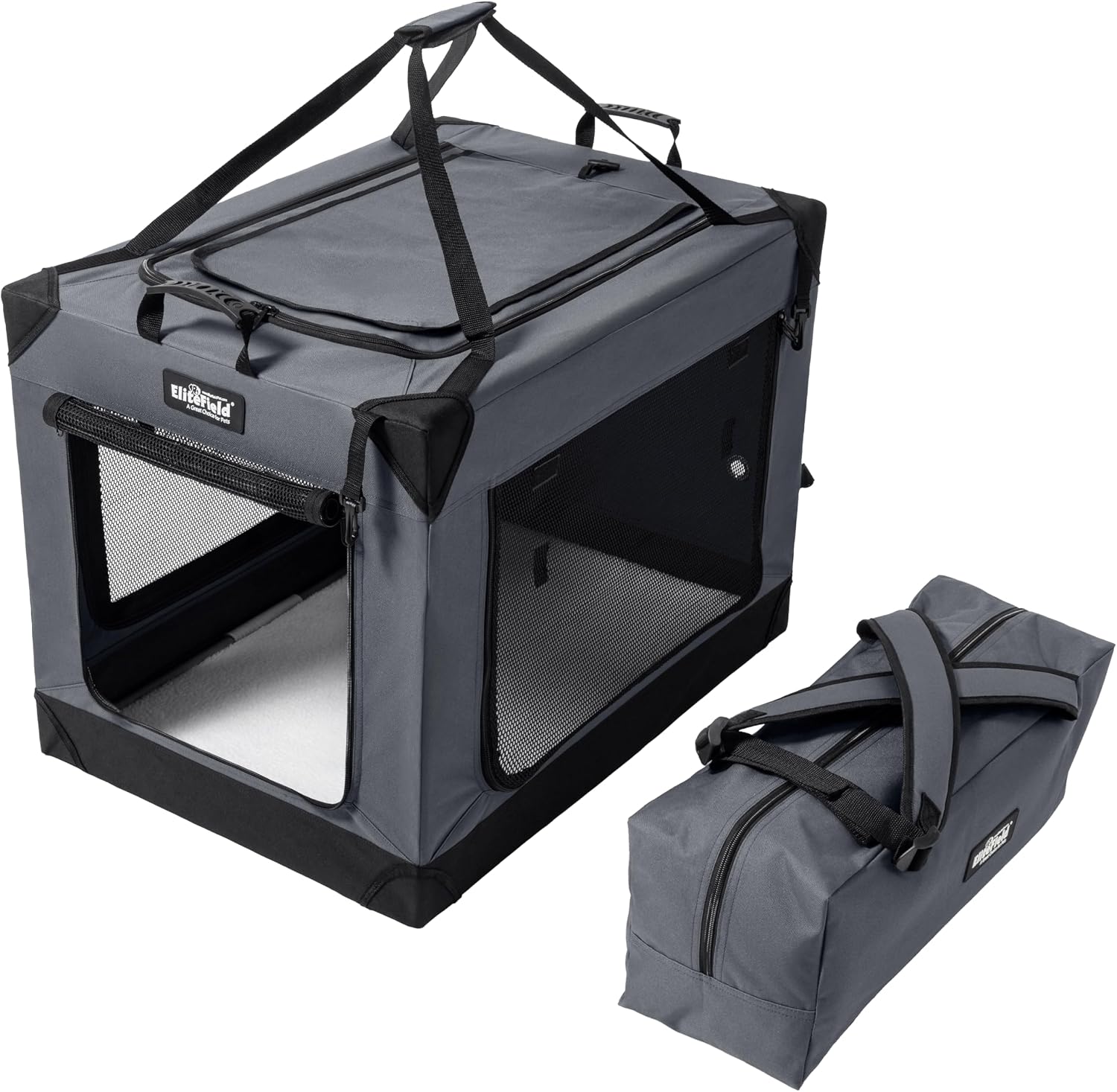 EliteField 4-Door Folding Soft Dog Crate, Aluminum Frame (2-Year Warranty) | Top Curtain, Washable Crate & Bed Covers, Backpack Carrying Bag, Indoor/Outdoor, Storage Pockets, Zipper Locks