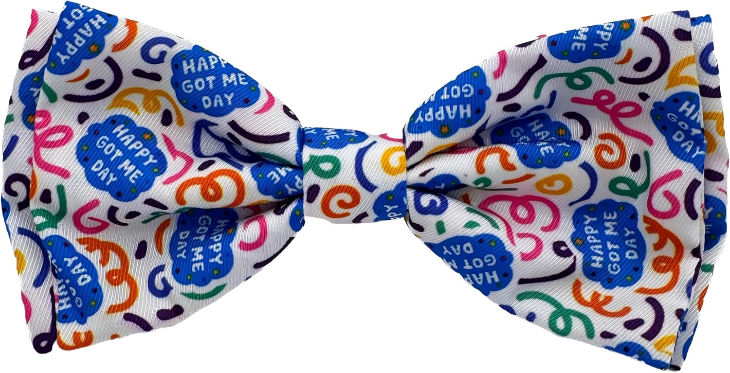 Huxley & Kent Pet Bow Tie for Dogs & Cats, Happy Got Me Day, Large/XLarge | Hook & Loop Attaches to Any Collar, Soft Polyester, Lightweight & Machine Washable, Perfect for Holidays & Photos