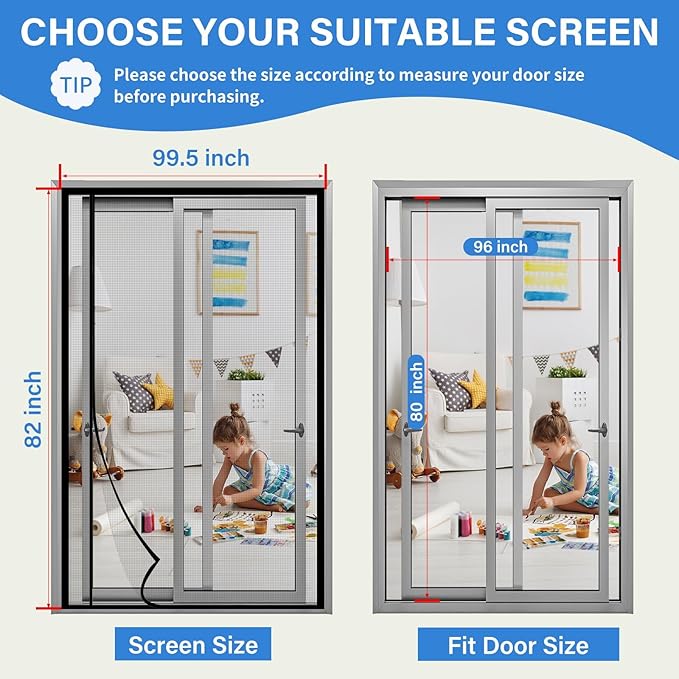 Magnetic Screen Door Mesh Left Right Side Opening Upgraded PET Material Mesh Stronger Than Fiberglass and Polyester,Keep Bugs Out,Pet & Kid Friendly Fit Door Size 96"X80",Screen Size 98''X82''